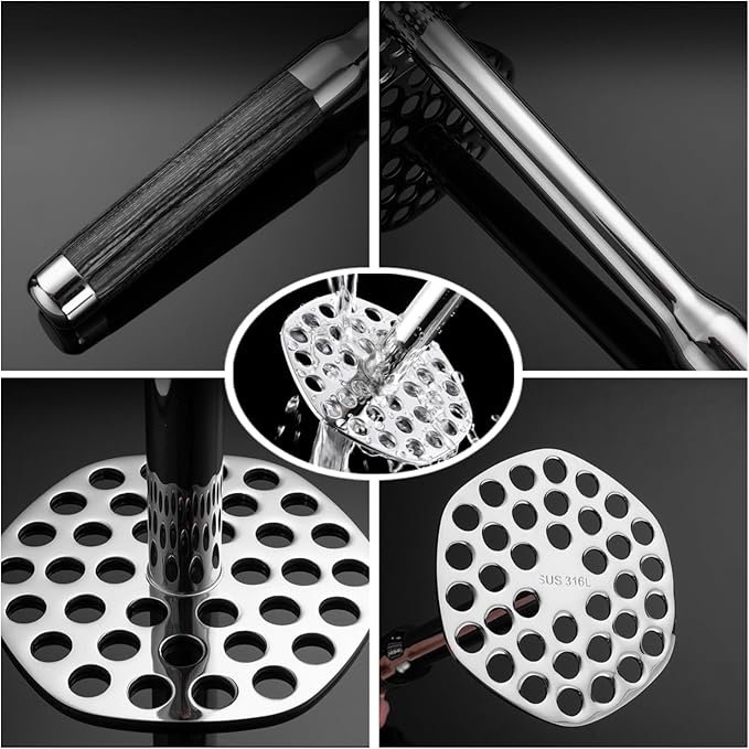 316 Stainless Steel Potato Masher - 10 Inch / 24cm with Wood Handle, Easy Clean Design for Mashed Potatoes, Guacamole & More