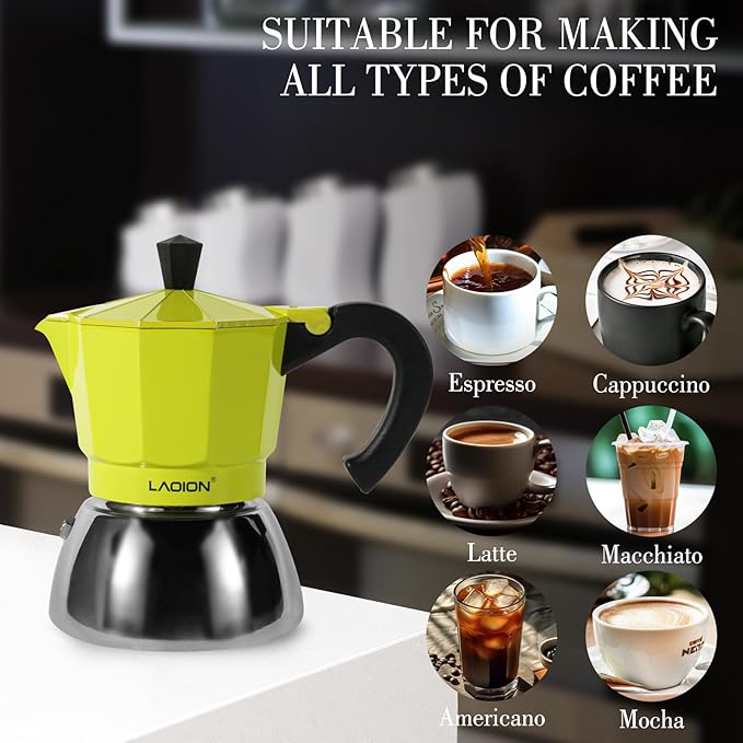 LAOION Stovetop Espresso Maker, 3Cup Moka Pot, Espresso Machine Compatible with Induction Cooktops, 150ml Stainless Steel & Aluminum Cuban Coffee Maker for Cafetera Cubana, Green