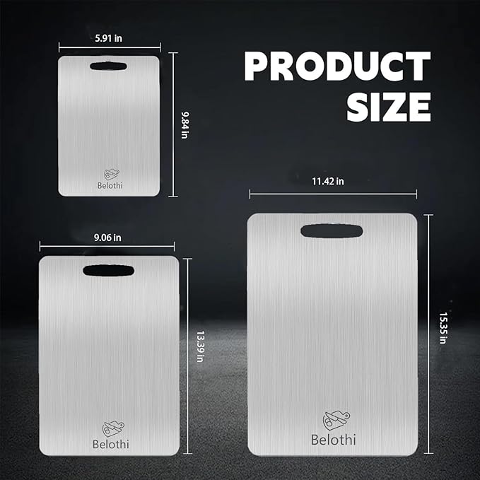 Belothi Stainless Steel Cutting Board, 3 PCS Cutting Boards for Kitchen, 304 Stainless Non Stick Chopping Cutting Board for Meat Fruit & Vegetable (15"x 11",13"x 9",10"x 6")