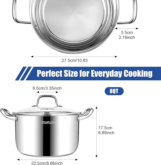 ItsMillers Stainless Steel Stock Pot - 8 Quart, Soup Pot Induction Compatible, Cooking Pot with Riveted Handle, Oven & Dishwasher Safe