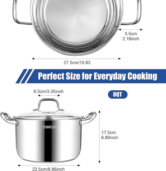 ItsMillers Stainless Steel Stock Pot - 8 Quart, Soup Pot Induction Compatible, Cooking Pot with Riveted Handle, Oven & Dishwasher Safe