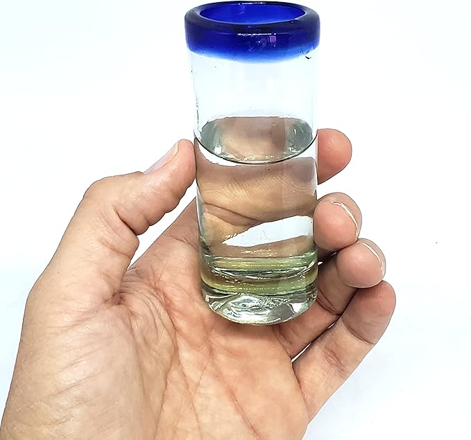Cobalt Blue Rim 2 oz Tequila Shot Glasses (set of 6), Recycled Glass, Lead-free, Toxin-Free (Shot)