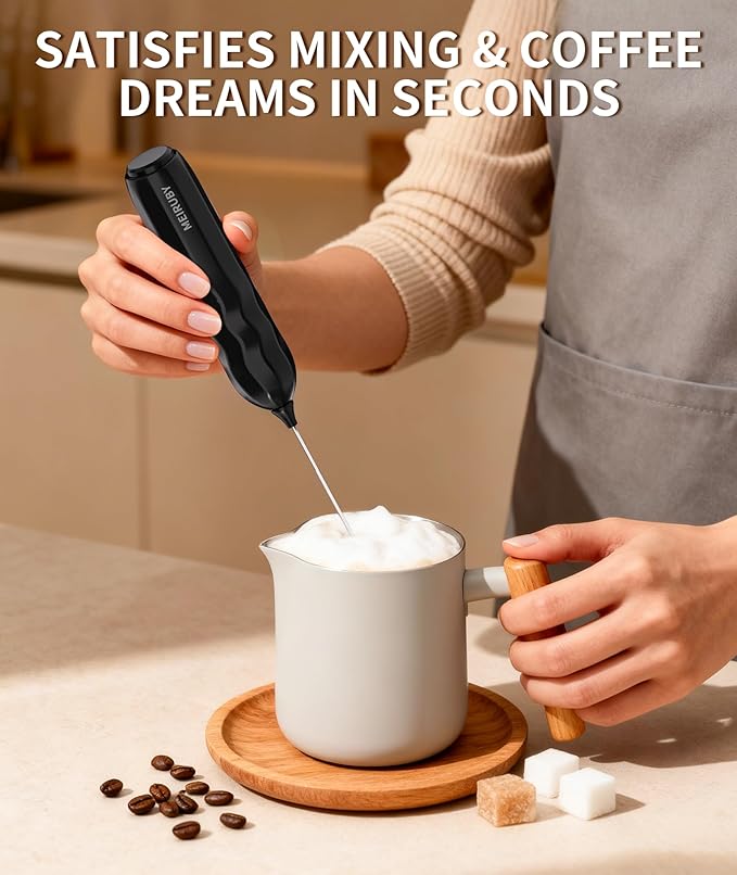MEIRUBY 2-Pack Handheld Milk Frother with Stand, Powerful Electric Foam Maker, Coffee Lover Gift for Lattes, Cappuccino, Matcha & Hot Chocolate, Black/Pink