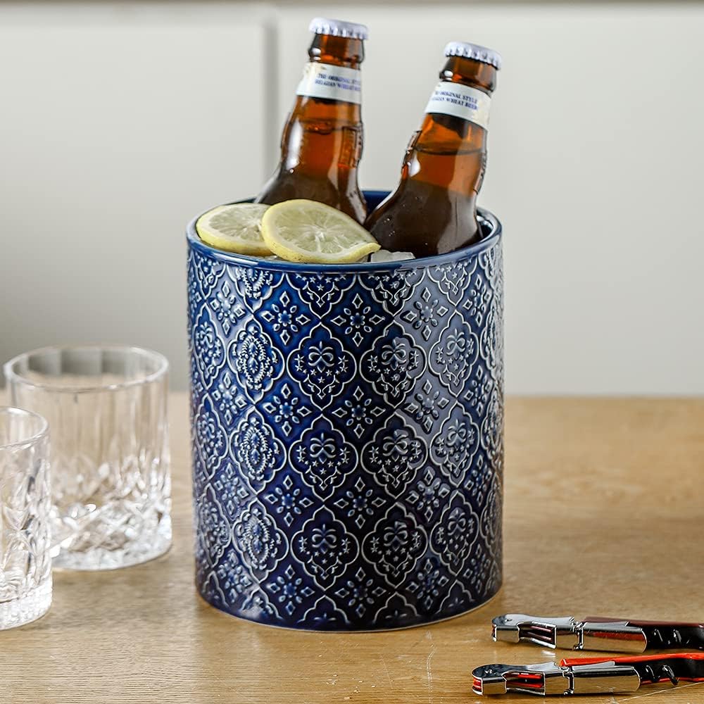 KOOV Kitchen Utensil Holder, Large Utensil Holders for Countertop, 6 x 7 Inches Ceramic Utensil Crock, Deep and Stable, Cooking Utensil Holder, Embossed Pattern (BLue)