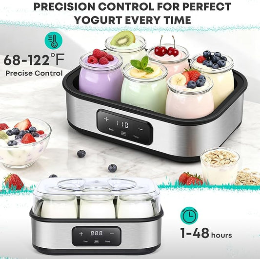 Yogurt Maker with Adjustable Temperature & 48H Timer - 6 Glass Jars for Homemade Probiotic Yogurt, for Family Wellness & Healthy Diet Lovers