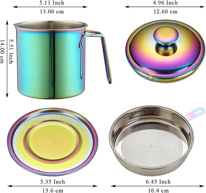 Berglander Rainbow Bacon Grease Container With Strainer 47oz, Titanium Colorful Plating Stainless Steel Oil Storage Container with Fine Mesh Strainer Dust-proof for Storing Frying Oil, Cooking Fat