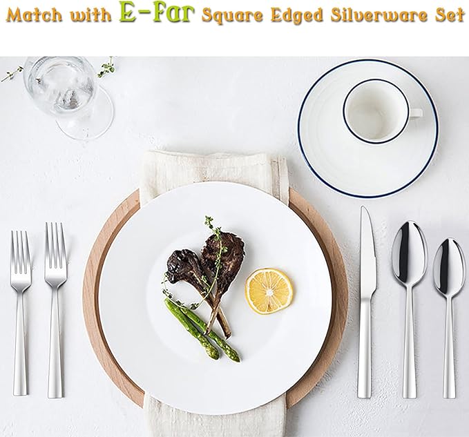 E-far Dinner Knives Set of 6, 8.9 Inch Stainless Steel Serrated Steak Butter Knife for Home Kitchen Restaurant, Modern Design & Square Edge, Mirror Finish & Dishwasher Safe