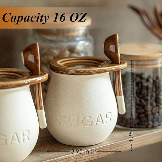 Ceramic Sugar Bowl with Lid and Spoon, 16 Oz Sugar Container for Coffee Bar Decor, Farmhouse Sugar Jar Sugar Dispenser, Vintage Kitchen Decor and Accessories (1 Pack)