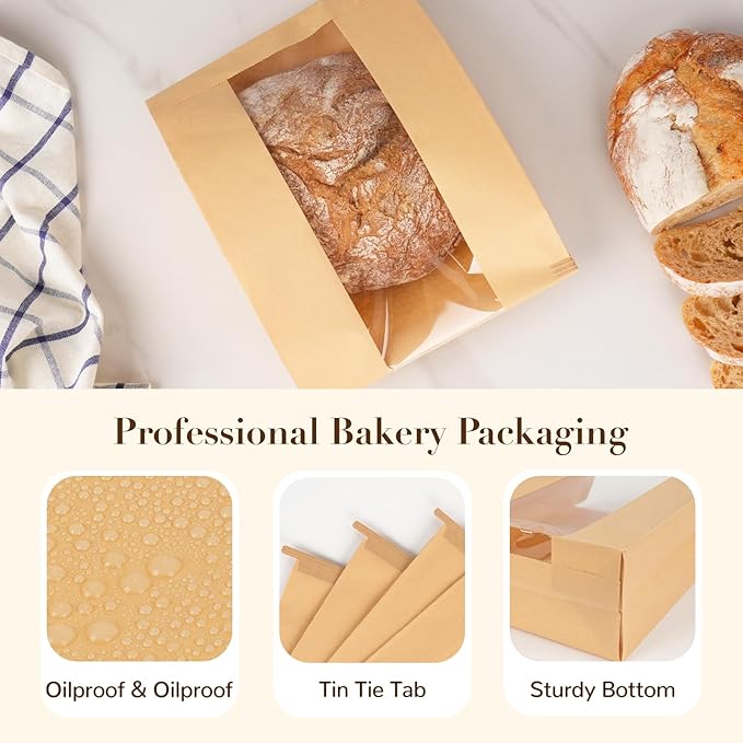 200 Pack Paper Bread Bags for Homemade Bread, 7x3×11 Inches Resealable Tin Tie Tab Bakery Bags with Window for Round Sourdough, Cookies, Loaves, Bagels
