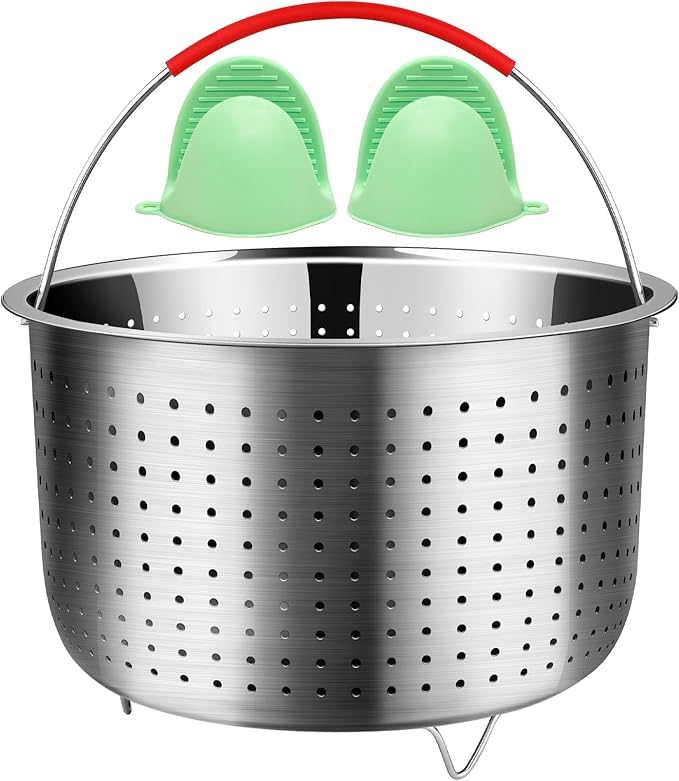 REDANT Steamer Basket for Instant Pot Accessories 3 qt - Strainer and Colander for Kitchen - Stainless Steel Vegetable Steamer for Cooking Broccoli, Pasta, Quinoa - with 2 Silicone Gloves, 3 Quart