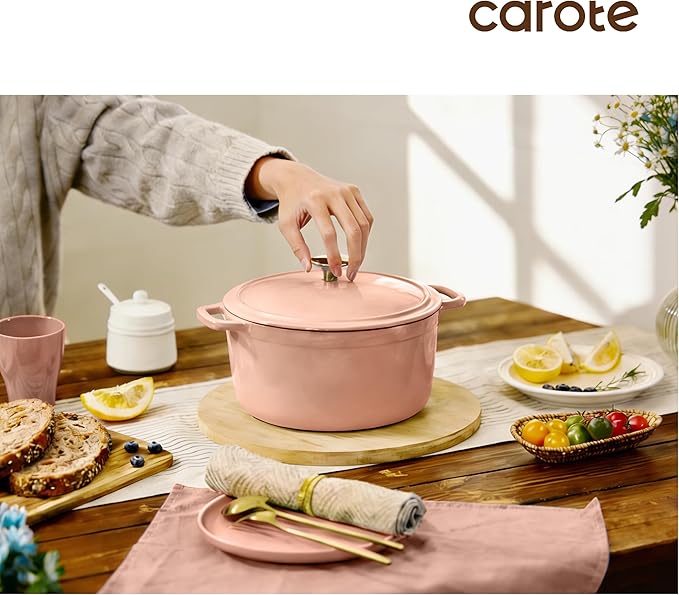 CAROTE 5QT Enameled Cast Iron Dutch Oven Pot with Lid, Heavy-Duty Dutch Ovens for Sourdough Bread Baking, Braising, Roasting, Dual Handles, Healthy & Non-Toxic, All Stovetop Compatible, Oven Safe up to 500° F, Macaron Pink