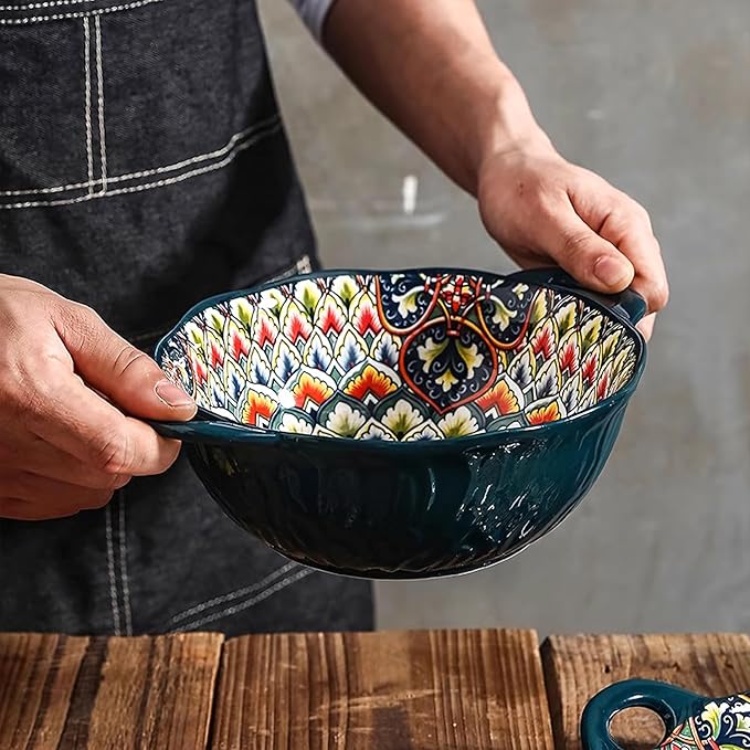 2 Pack Boho Ceramic Serving Bowls with Handles, 40 Oz Porcelain Salad Bowls, Large Serving Dishes for Entertaining, Mixing Bowls for Soup, Stew, Pasta, Cereal, Colorful Embossed Cute Bowls Set BLDS