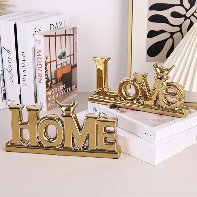 Love Sign Decor,Gold Room Decor Aesthetic, Knick Knack Shelf,Bird Decor, Boho Bookshelf,Abstract Statue,for Living Room,Bedroom, Contemporary Tv Stand Set of 2 (2, Gold)