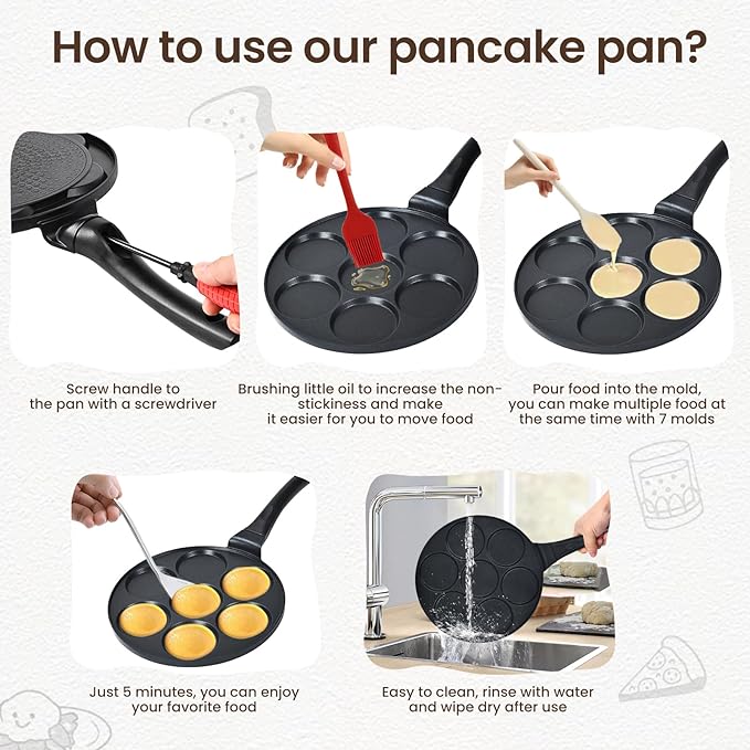 Pancake Pan Suitable for All Stovetops & Induction Cooker, 10.5 Inch Pancake Maker Egg Frying Pan, 7 Molds Pancake Maker with PFOA Free Coating