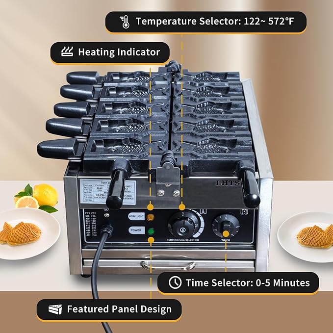 Taiyaki Fish Waffle Maker 110V/Commercial Use Jam or Ice Cream Waffle Maker/Stainless Steel 5 Big Open-Mouth Fish Non-Stick Teflon Coating Taiyaki Maker/50-300℃/122-572℉ Adjustable