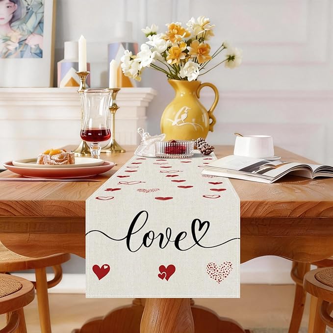 Valentines Day Table Runner 13x90 Inch, Love Hearts Valentine Table Runner, Anniversary Home Kitchen Dining Table Holiday Party Decorations