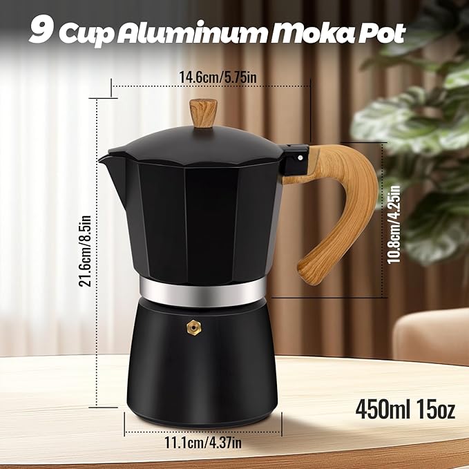 Vaolvpant 9 Cup Aluminum Moka Pot Classic Stovetop Espresso Coffee Maker 450ml 15oz Coffeemaker Percolator Mocha Pot Greca Coffee Maker Cafe Makers for Italian and Cuban Café Brewing Black