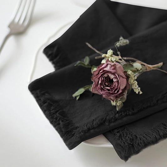 Handmade Cloth Napkins 100% Cotton Napkins with Fringe，Delicate Handmade Cloth Napkins for Dinners, Parties, Weddings and More，18 x 18 Inch Set of 6 - Black