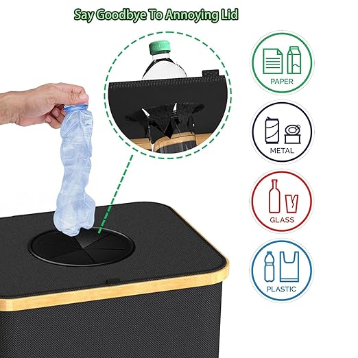Recycling Bin Kitchen Indoor Home 40 Gallon 156L Recycle Bin with Lid 2 Removeable Reusable Inner Bag Bottle Can Glass Waste Plastice,Big Black