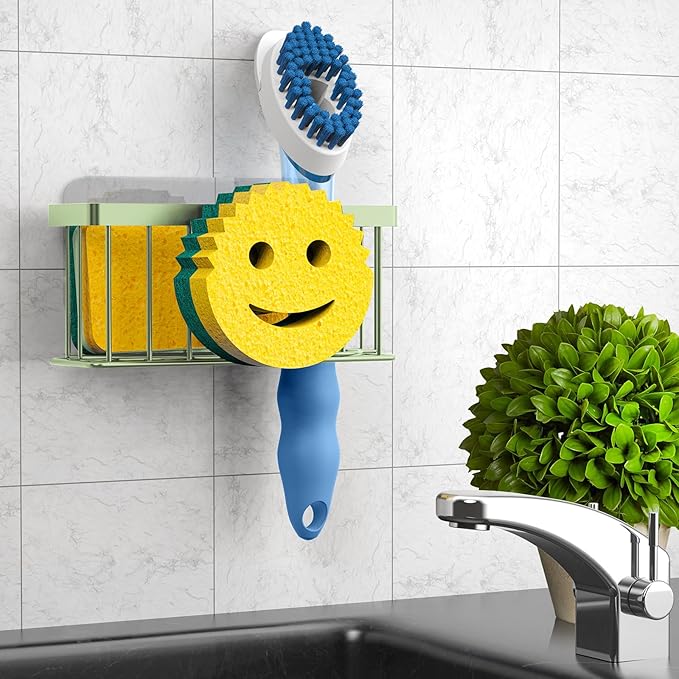 Sponge Holder Smiley Face, Sink Organizer with 2 Suction Cups/1 Adhesive Strips,Designed for Sponge,Soap,Dish Brush,Scrubber - Green