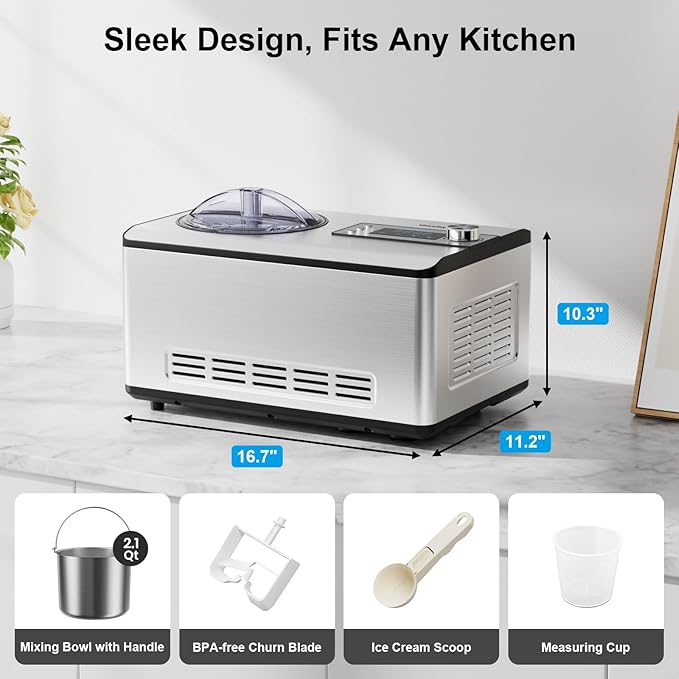 Ice Cream Maker with Upgraded Compressor, [40% Faster Freezing], No Pre-Freezing Needed, LED Display, 2.1 Qt Capacity, Easy Operation for Ice Cream & Yogurt, Stainless Steel