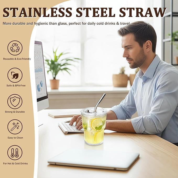 6 Packs Ribbed Glass Tumbler with Lid and Straw Ice Coffee Cup Employee Christmas Appreciation Gift Idea Bulk Team Boss End Year Work Office Staff Coworker Team Group Colleague Teamwork Thank You