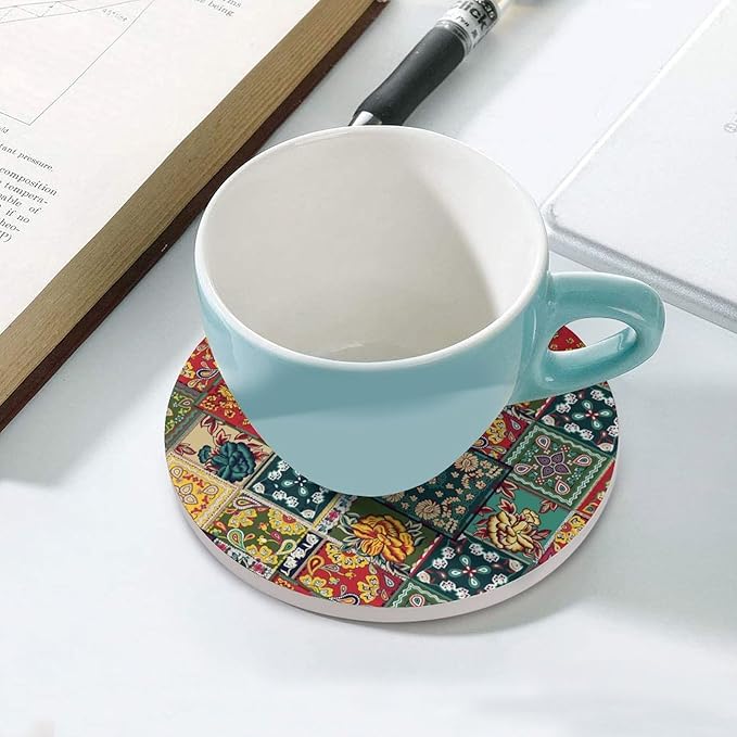 Round-6PCS Floral Ceramic Coasters, Round Absorbent Drink Coasters, Abstract Perris Flower Nature Plant Colorful Boho Floral Ceramic Table Coasters for Coffee, Beverage, Wine, Beer Coasters