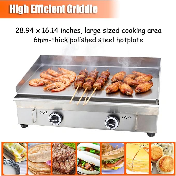 2000Pa Natural Gas Grill Griddle Stainless Steel Countertop Griddle 28.94" x 16.14" Hotplate BBQ Teppanyaki Adjustable Temperature Flat Cooking Griddle Grill for Commercial