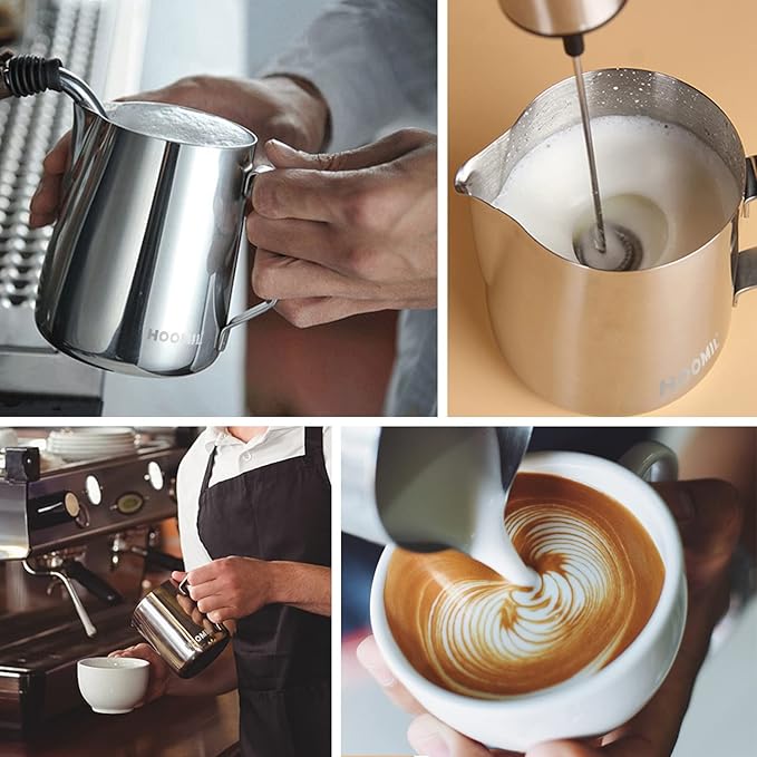 HOOMIL Milk Frothing Pitcher, 12oz/20oz/32oz Stainless Steel Steaming Pitcher Barista Milk Frother Cup Jug for Espresso Machine Coffee Cappuccino Latte Art - 12oz, Blue