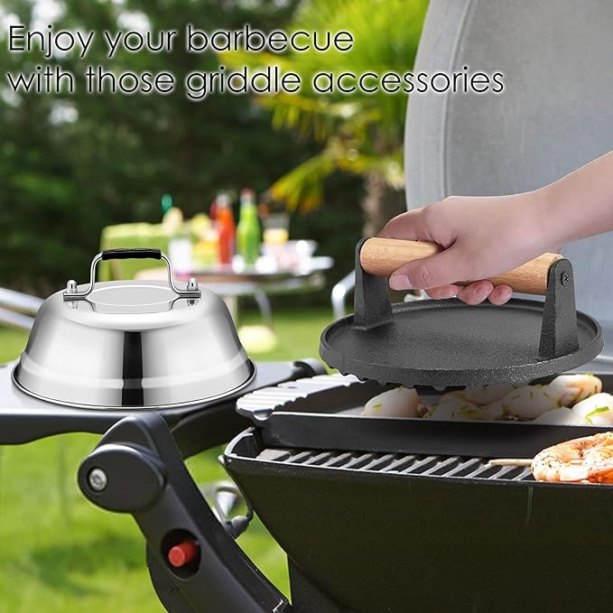 HaSteeL Melting Dome & Grill Press for Griddle, Stainless Steel 9In Basting Cover & Heavy Duty 7In Wooden Burger Press, Griddle Accessories Kit Great for Flat Top Teppanyaki Cast Iron Indoor Outdoor