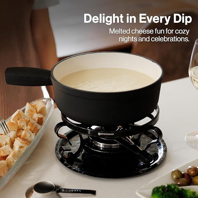 Swissmar Lugano Cast Iron Cheese Fondue Pot Replacement, 2 QT / 2 L – Compatible with Swissmar Lugano Fondue Sets – Ideal for Melting Cheese, Chocolate, & Caramel – Matte Black