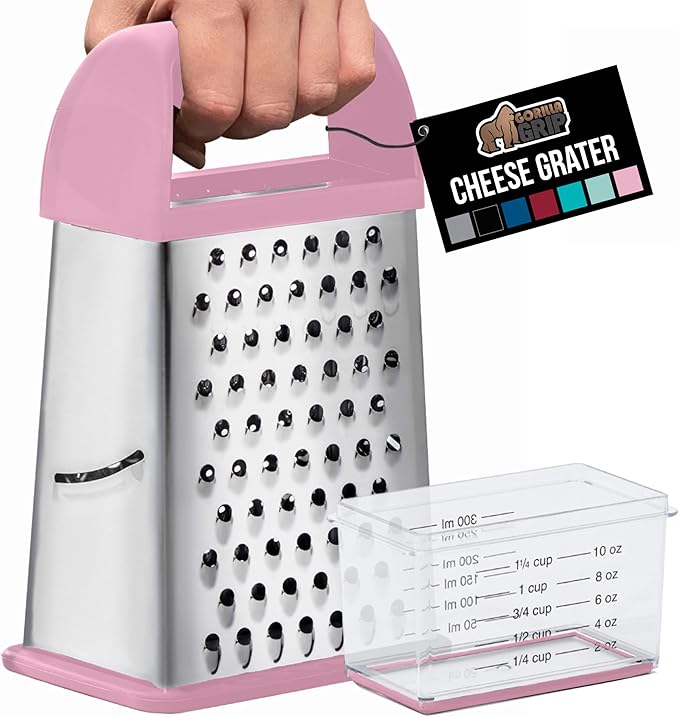 GORILLA GRIP 4-Sided Stainless Steel Cheese Grater With Container, 100% BPA-Free Box Grater, Slip Resistant Base and Handle, Grate Parmesan, Hard Cheeses, Shred Vegetables, Dishwasher Safe, Pink