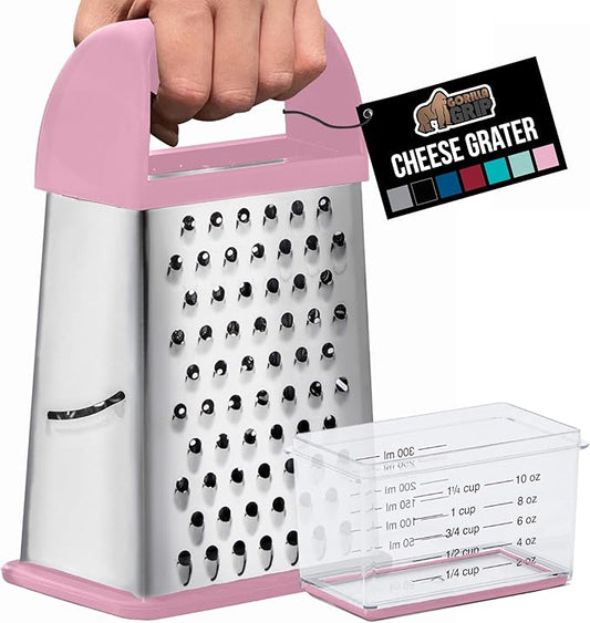 GORILLA GRIP 4-Sided Stainless Steel Cheese Grater With Container, 100% BPA-Free Box Grater, Slip Resistant Base and Handle, Grate Parmesan, Hard Cheeses, Shred Vegetables, Dishwasher Safe, Pink