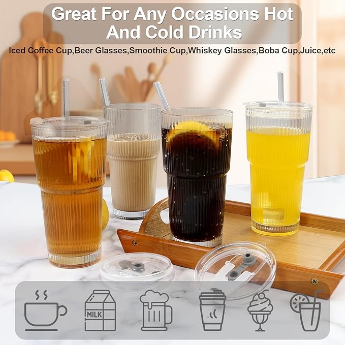 Ribbed Drinking Glasses,with Lids and Straws Glass Cup,19oz Glass cup,6 Pack Old Fashioned Glasses,Thickened for iced coffees,cocktails and juices, perfect for families and parties (6)