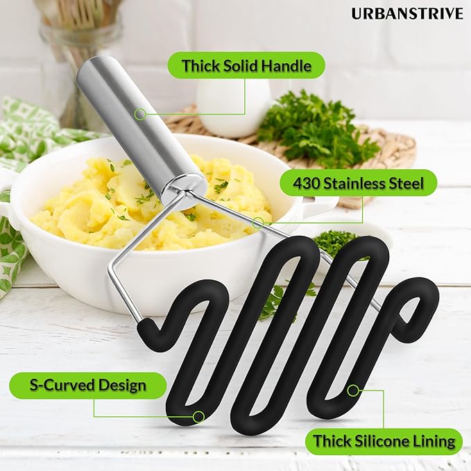 Urbanstrive Non-Scratch Silicone Potato Masher Kitchen Tool, Potatoes Masher Potato Masher Stainless Steel Wrapped In Premium Silicone, Potato Smasher (Black)