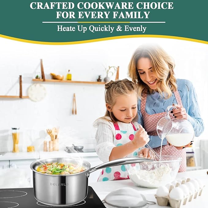 DELARLO Stainless Steel Small Brushed Saucepan With Lid, Induction Cooking Sauce Pot Pan, Full-body Clad Tri-Ply Heavy Bottom Saucier Cookware, Dishwasher Safe & Oven Safe(2 Quart)