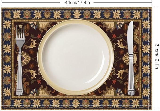 Boho Ethnic Placemats Retro Brown Flower Country Style Art Printed Dining Table Mats Set of 4 for Restaurant Home Kitchen Holiday Picnic Party Decor 12x18in