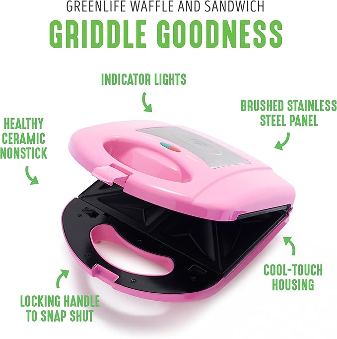 GreenLife Electric Waffle Sandwich Maker, Toaster, Panini Press with Healthy Ceramic Nonstick Plates, Perfect for Tuna Melts, Crispy Rice, Grilled Cheese, LED Indicator Light, PFAS-Free, Pink