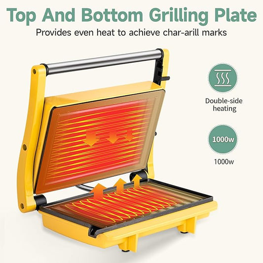 SUSTEAS Panini Press Sandwich Maker and Electric Indoor Grill, Easy Clean Nonstick Grids, Opens 180°/105° to Fit Any Type or Size of Food, 304 Stainless Steel, Homemade BBQ, Yellow