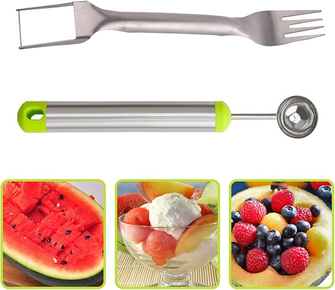 2-in-1 Stainless Steel Watermelon Fruit Cutter Slicer Tool and Melon Baller Scoop Fruit Ball Cutter Set, Dual Head Fork Knife Melon Cutter Cutting Tool.