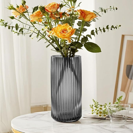 Modern Grey Glass Vase-11 Inch Tall Ribbed Glass Cylinder Vases for Flowers, Bouquet, Desk, Dining Table, Shelf, Decorative Flower Vase for Centerpieces, Home Decor, Living Room, Wedding