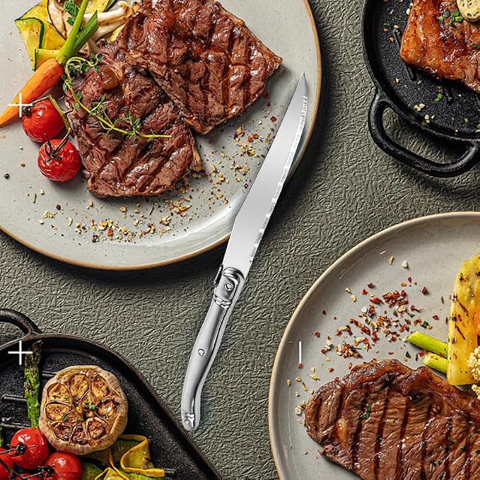 Laguiole Style Steak Knives Set of 6, Serrated Stainless Steel Steak Knife Set, Elegant French Design, Dishwasher Safe, Gift Box for Dinner & BBQ (sliver-6)