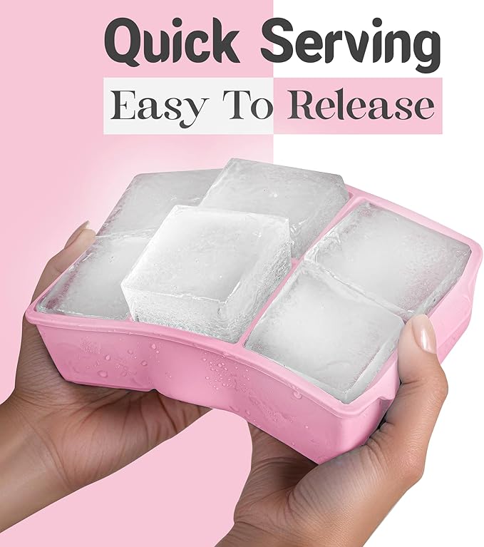 KitchFort Large Silicone Ice Cube Tray (2-Pack), Easy Release 2" Big Ice Cubes - Cocktail, Whiskey Ice Cubes Mold - Ice Trays for Freezer with Lid - Stackable Silicone Ice Tray - Pink