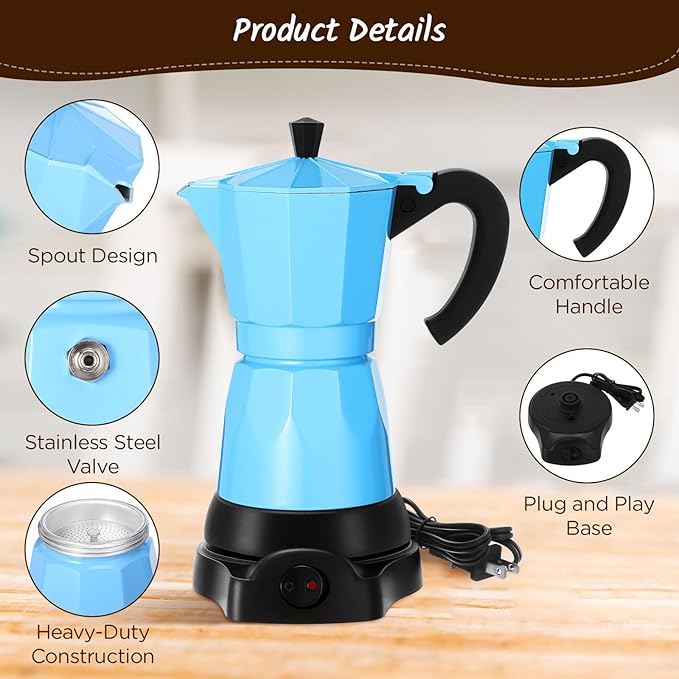 Lemosae Coffee Pot 6 Cup Electric Espresso Coffee Maker Italian Moka Maker 300ml Portable Aluminum Espresso Machine Cafetera Moka Pot with Detachable Base, Gift for Home Travel(Blue)