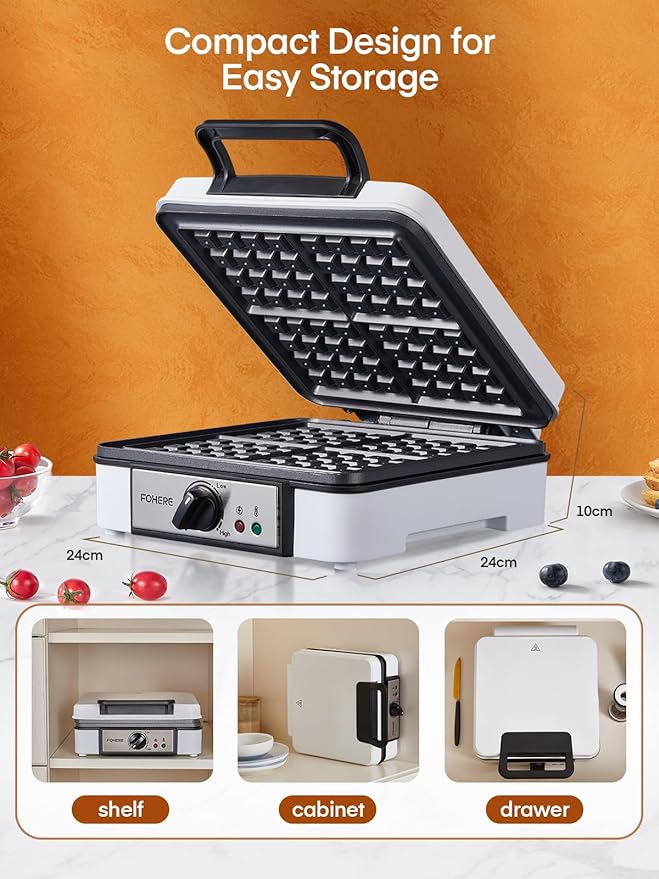 FOHERE Belgian Waffle Maker 4 Slices, 1200W Square Waffle Iron, 5 Browning Levels, Nonstick Plates, Cool-touch Handle, Anti-scald, Anti-overflow, Indicator Lights, Recipe, White (Large)