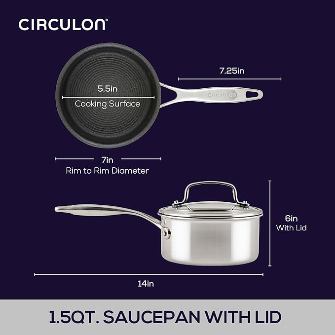 Circulon C1 Series Clad Stainless Steel with ScratchDefense Technology Cookware Nonstick Induction Saucepan with Lid, Metal Utensil Safe, 1.5 Quart - Polished Stainless Steel