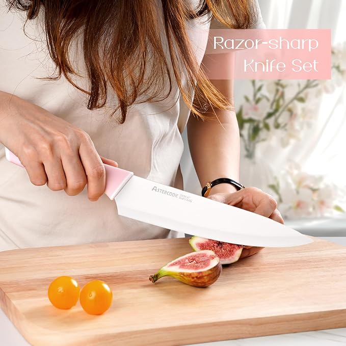 Astercook Knife Set, Kitchen Knives Set with Block and Sharpener Ceramic Coating 15 Pcs German Stainless Steel Knives Sharp Blade Dishwasher Safe Deba Knives with Ergonomic Handle, Crystal Pink