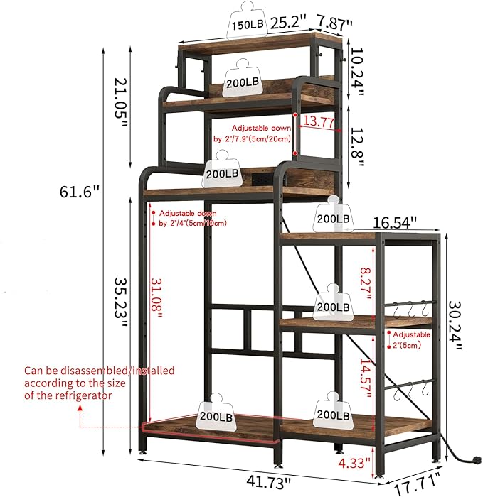 Bakers Rack with 7-Tier Mini Adjustable Shelves and Power Outlet, Heavy-Duty Metal Frame Kitchen Shelf Organizer, Mini Fridge & Microwave Stand for Kitchen, Dorm, Living Room, Walnut Brown