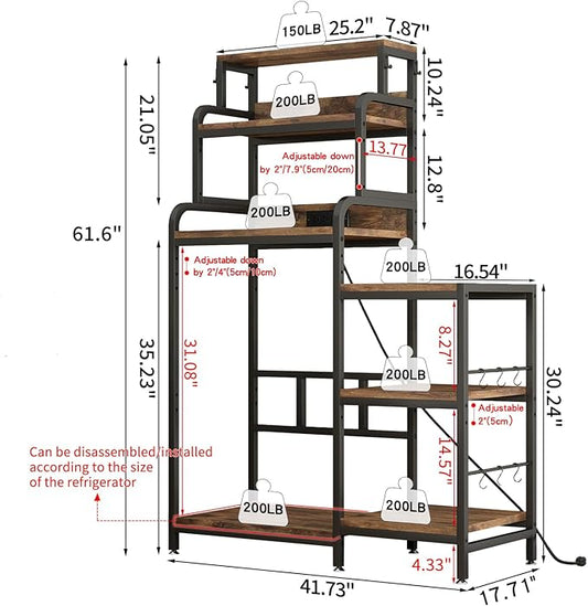 Bakers Rack with 7-Tier Mini Adjustable Shelves and Power Outlet, Heavy-Duty Metal Frame Kitchen Shelf Organizer, Mini Fridge & Microwave Stand for Kitchen, Dorm, Living Room, Walnut Brown