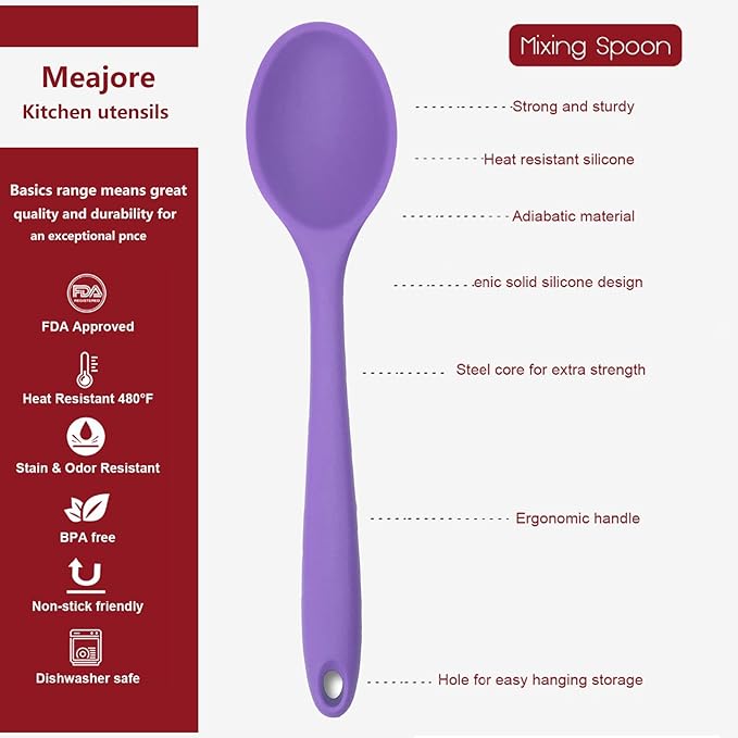 2 Pcs Silicone spoons for cooking heat resistant, Hygienic Design Cooking Utensi Mixing Spoons for Kitchen Cooking Baking Stirring Mixing Tools (Purple)